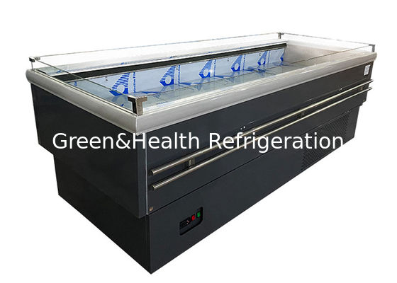 Parte superior aberta do grande congelador comercial da ilha da exposição do equipamento refrigerando para a loja