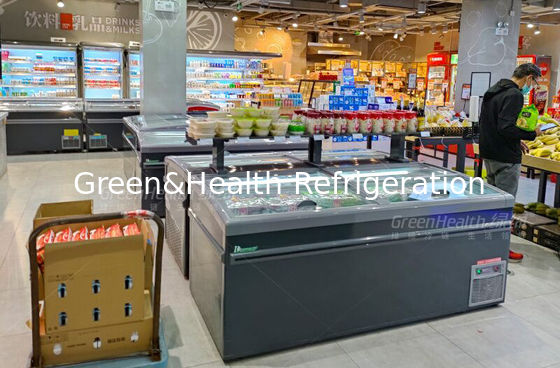 Da mostra profunda do congelador da ilha da caixa a parte superior comercial deslizou a tomada de vidro da porta em