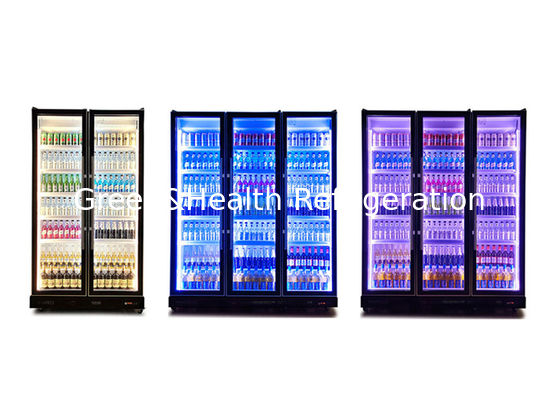 Vertical Tricolor da luz do diodo emissor de luz do refrigerador da exposição da bebida de 3 portas para brilhar o refrigerador preto da bebida
