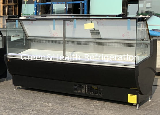 Refrigerador de display de vidro quadrado com porta aberta, faixa de temperatura 2-6°C e desempenho