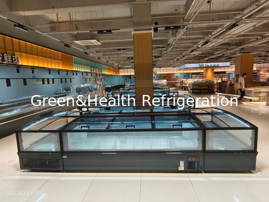 Congelador Ilha de Supermercado Congelador Panorâmico de Vidro Congelador Ilha com Degelo Automático e Iluminação LED